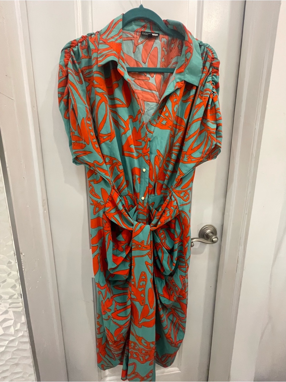 Turquoise and Orange Tropical Shirt Dress